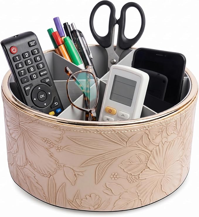 Remote Control Holder, 360°Spinning PU Leather Desk TV Remote Caddy,Desk Storage Box Room Accessories for Controller, Media,Mail,Calculator, Mobile Phone,Pencil(1B-Golden Apricot)