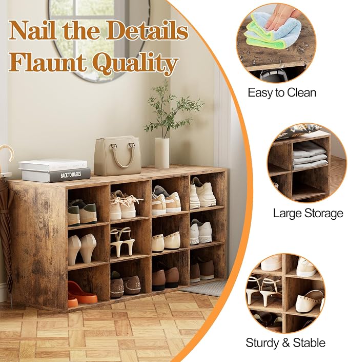 Aenuert 12-Cubby Shoe Rack, 3-Tier Wood Shoe Organizer, Multifunctional Shoe Organizer Bench for Entryway, Mudroom, Hallway, Closet,36.22 * 11.81 * 17.72 Inch,Brown