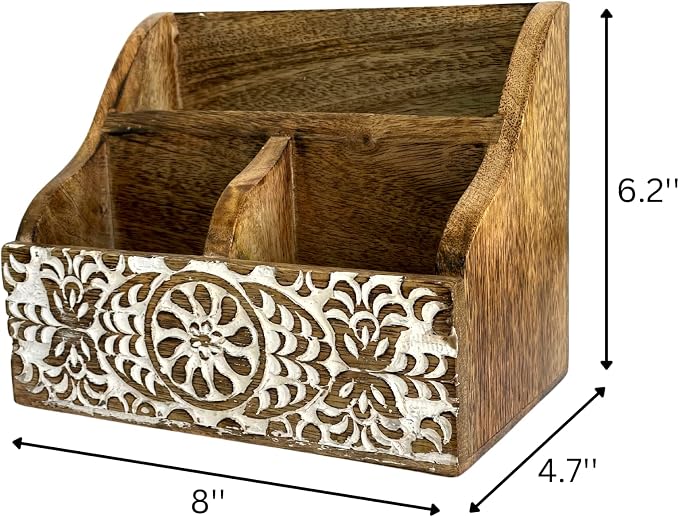 Mie Creations Wooden Office Desk Organizer, Farmhouse Stationery Caddy 8'' | Countertop Holder for Pen, Remote, Marker, Art Supplies Accessories, Aesthetic Modern Work Study Table Stand, White Shabby