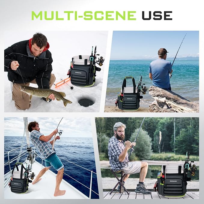 Boomistry Fishing Bucket Organizer for 5 Gallon Bucket, Dark Gray | 15 Multi-Pockets, 4 Built-in Rod Holder Storage, 3 Adjustable Buckles, for All Fishing Gear & Tackle Accessories