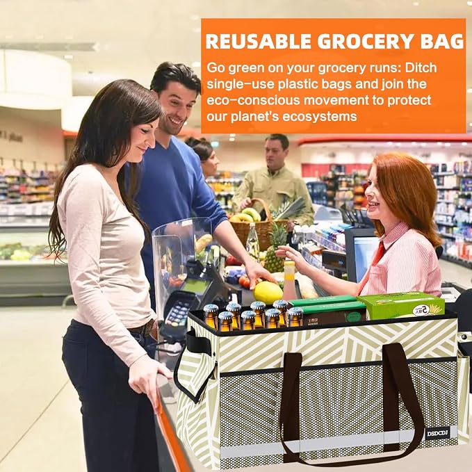 Extra Large Utility Tote Bag with Reflective Strip, Standing Reusable Grocery Bags with Hard Bottom, Collapsible Utility Tote with Handles for Shopping, Beach, Picnics, Car, Striped Gray