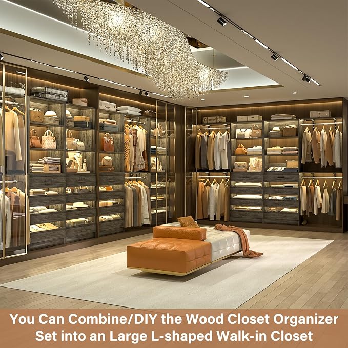 Aheaplus Closet System with 8 Wooden Drawers, Wood Closet Organizer System with Tower, Walk-in Closet Organizer Wardrobe Clothes Rack with 4 Hanging Rods, Garment Rack, Cut to Fit 7-12Ft, Black Oak1