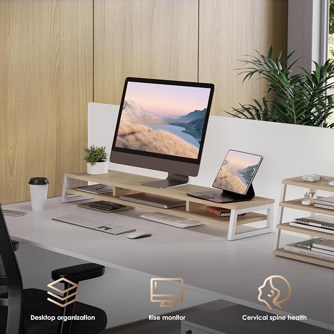 Fenge Dual Monitor Riser for Desk, Open Shelf with 3 Storage Compartments | 42.5in Computer Monitor Stand, 2-Tier Desk Shelf for Top of Desk,One-Piece Panel, fit Ultrawide Monitor, PC, Laptop, Oak