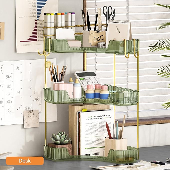 3-Tier Corner Bathroom Counter Organizer，Makeup & Skincare Shelf with Built-in Brush Holder，Space-Saving Bathroom Countertop Organizer for Skincare, Perfume, Cosmetics(Green)