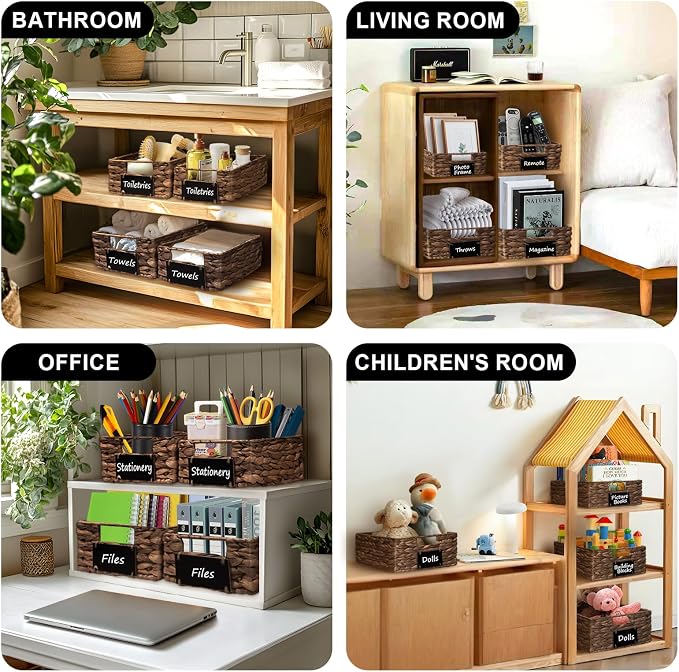 Set of 4 Sizes Hand-Woven Pantry Shelf Baskets, Hyacinth Storage Baskets with Chalkboard Labels & 2 Chalk Markers, Wicker Nestable Basket Set for Organizing Pantry Kitchen Laundry Shelves (Brown)