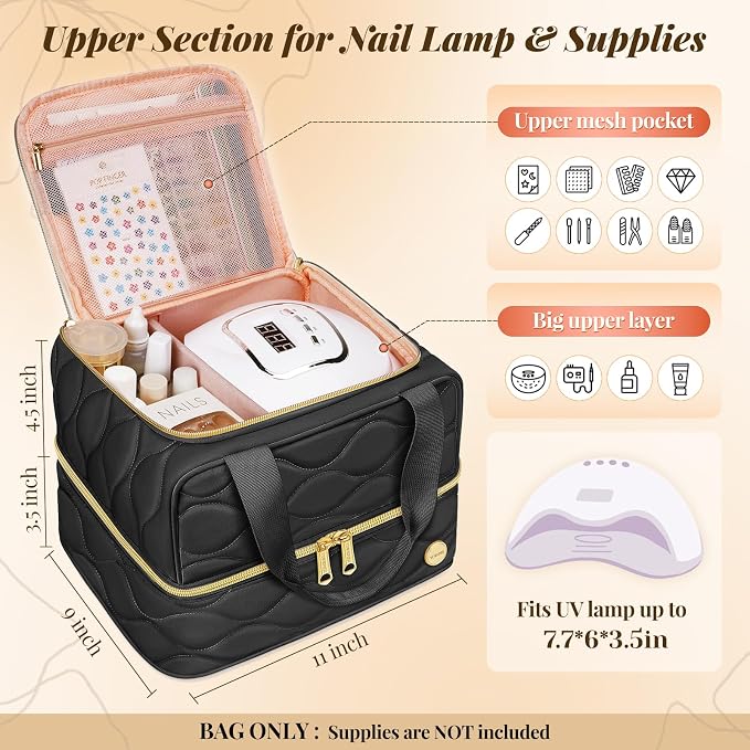 YOREPEK Nail Polish Bag Holds 42+ Bottles (15ml/0.5 fl.oz) and Nail Stuff | 2-Layer Nail Travel Case with Compartments for Nail Stuff, Nail Tech Organizers and Storage for Supply, Gifts for Manicurist