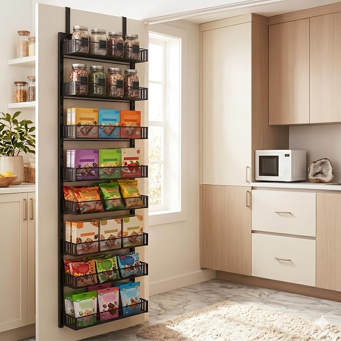Over the Door Pantry Organizer, 8-Tier Heavy-Duty Door Spice Rack with Mesh Baskets, Height Adjustable & Anti-Swing Design, Pantry Door Organizers and Storage for Kitchen, Bathroom, Laundry Room