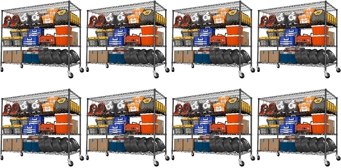Heavy Duty Garage Shelving with Wheels: 55.5" W x 24" D x 81" H 4 Tier Wire Metal Storage Shelves, Adjustable NSF Commercial Shelf, Rolling Tote Rack Organizer for Pantry, Warehouse, 8PCS