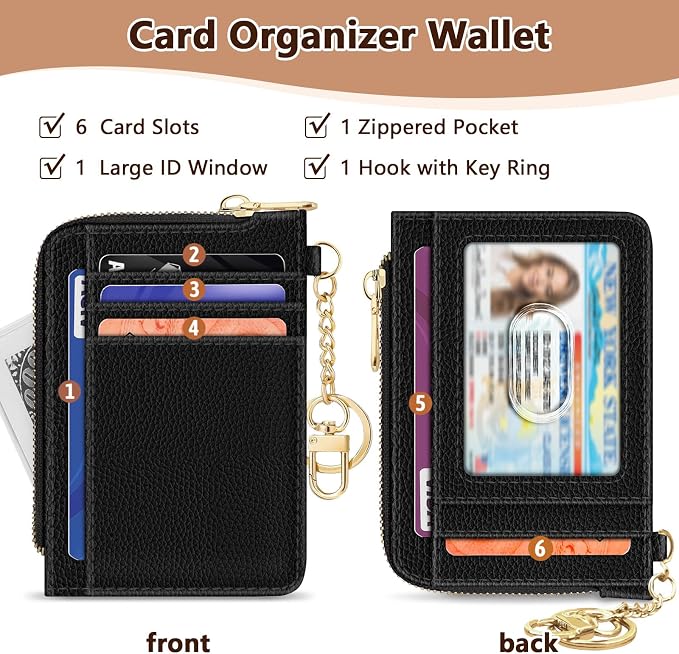GIANCOMICS Slim Wallet Credit Card Holder Women, Rfid Blocking Black Small Card Case, Keychain Thin Pocket Curved Zipper Wallet, Travel Card Holder PU Leather ID Window, Ladies Female Gifts