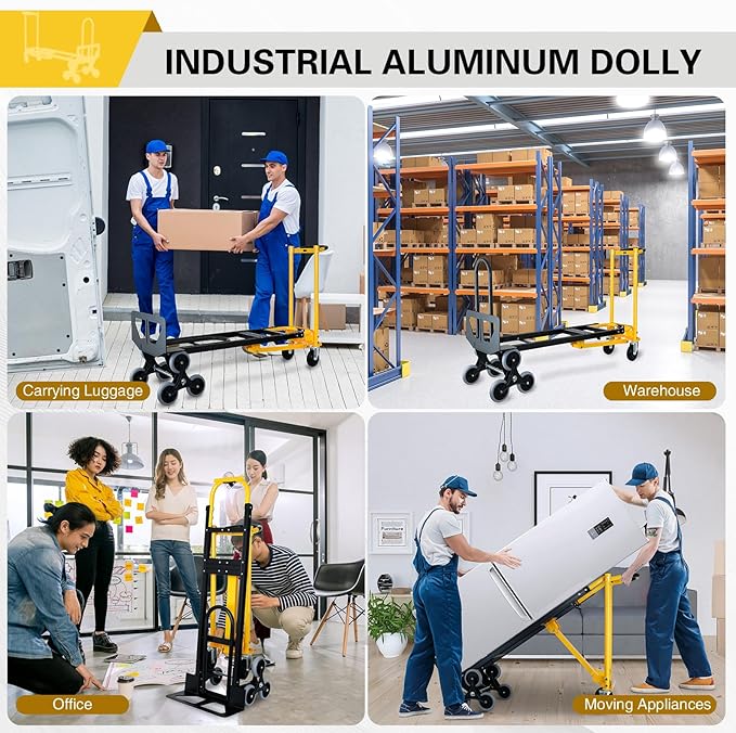 3 in 1 Heavy Duty Industrial Convertible Hand Truck Dolly,1000 LBS Capacity Aluminum Dolly Hand Truck for Stairs,Stair Climbing Hand Trucks with Rubber Wheels for Moving,Transport(Yellow)
