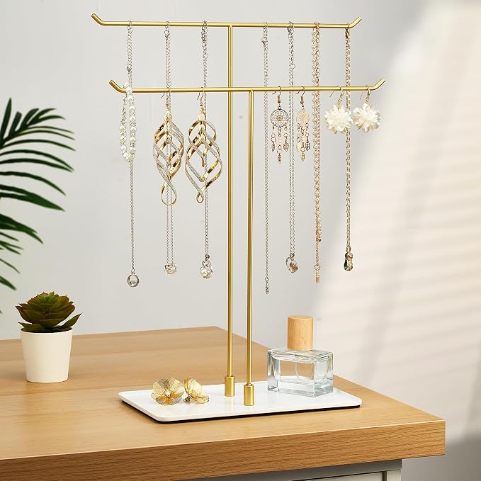 Necklace Holder Stand,Metal Jewelry Organizer for Home Decor,White and Gold | Modern Design,Easy Assembly,Non-Slip EVA Pads,Gift for Woman,Necklace Display for Bedroom,Vanity and Dresser