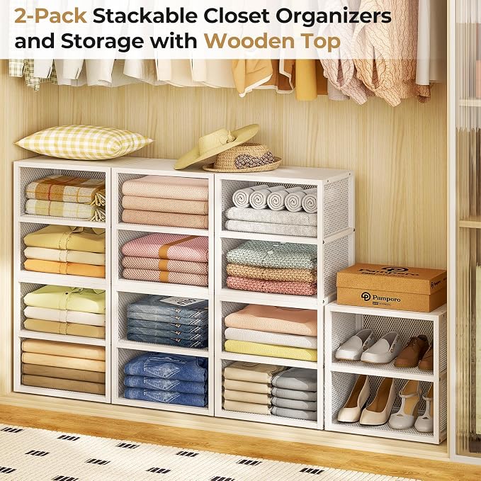 DAOUTIME 4-Tier Stackable Closet Organizers and Storage Shelves, Closet Storage Basket with Wood Tops Extra Storage, Clothes Sweaters Organizer Bins/Cube Storage Drawer for Home Wardrobe, White