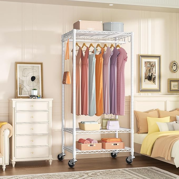 FUTASSI Rolling Clothes Rack, Clothing Racks for Hanging Clothes, White | P6 Medium Heavy Duty Garment Rack with Wheels, Freestanding Portable Closet Rack with Shelves, 30 In Wide, Max Load 370 LBS