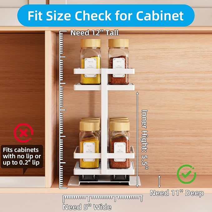 Pull Out Spice Rack 2Pcs Metal & Wood Seasoning Organizer White | No-Drill Install | Full-Extension Silent Glide | Each Tier Holds 10–12 Standard Spice Bottles | Rustproof, Wipe-Clean Surface