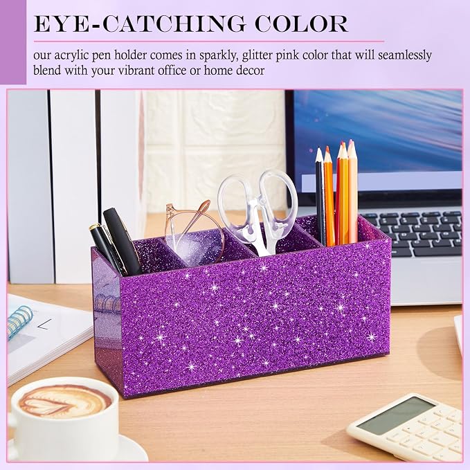 Jetec Acrylic Glitter Purple Pen Holder 4 Compartments Bling Makeup Brush Stationery Organizer Pencil Holder for Desk Accessories Sparkly Gifts for Women Back to School Birthday Desktop Office