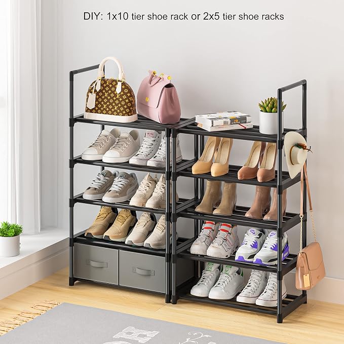 OYREL Tall Shoe Rack Narrow 10 Tier Shoes Rack 20 25 Pairs + 2 Boxes 1 Hook | Shoe Storage Organizer for Closet, Entryway, Living Room,Sturdy Metal Shoe Shelf Shoe Stand Closet Organizers and Storage