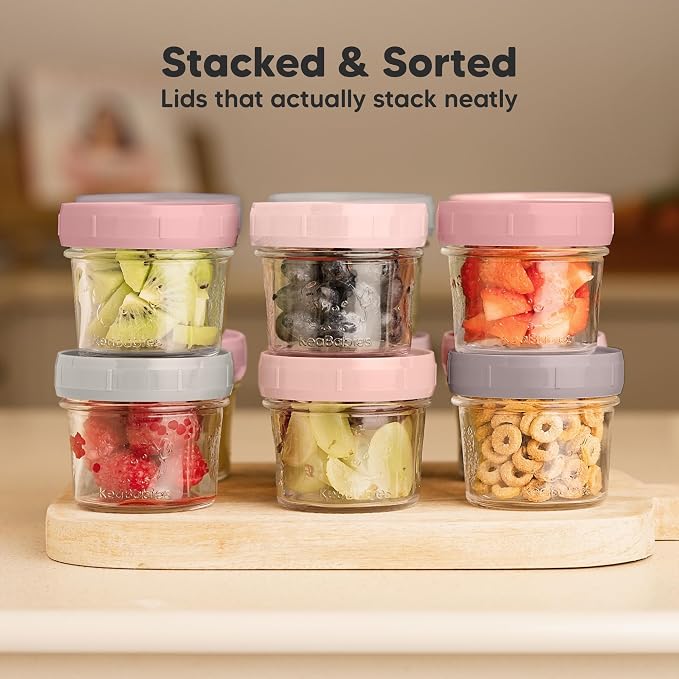 KeaBabies 12pk 4oz Glass Baby Food Containers with Lids, Leak-Proof (Roseate) | Microwavable Small Glass Jars, Baby Purees, Toddler Snack Storage Containers, BPA-Free, Dishwasher-safe, Freezer Safe