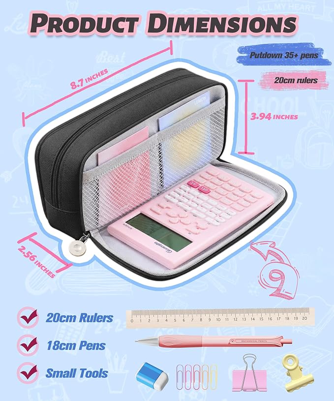 FAHZON Cute Pencil Case, 3 Large Compartments Pencil Pouch, Elastic Pen Slots&Mesh Pockets for Stationery, Pencil Bag for School Supplies with Zipper for Girls Boy Women Teens Adults-Black