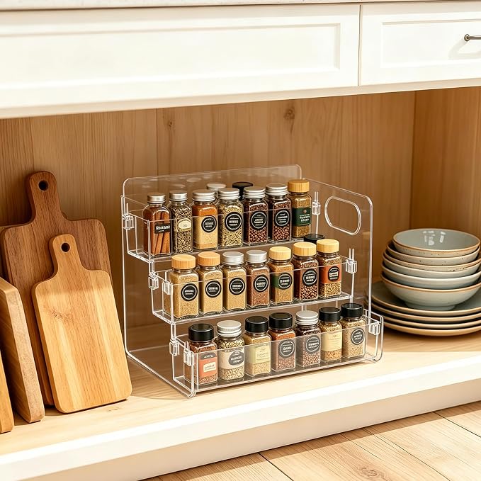 3-Tier Acrylic Spice Rack for Spice, Condiment Jars & Vitamin Bottles | Multipurpose Spice Rack for Cabinets & Countertops, Stores Spice Jars, Baking Goods & Pill Bottles, Clear View Quick Access