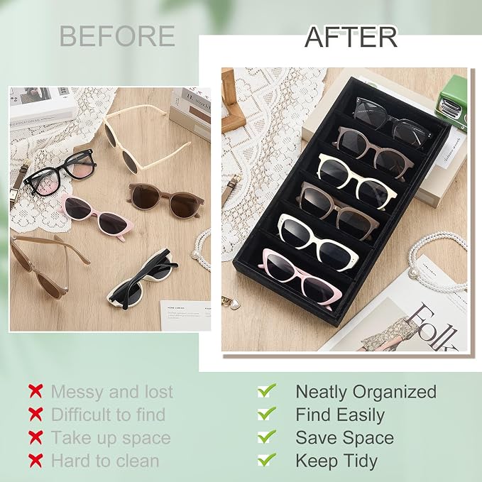Juexica 2 Pcs Velvet Sunglasses Organizer Tray 6 Grid Sunglass Organizer Velvet Tray Stackable Glasses Display Case for Women Glasses Jewelry Display Watch (Black)