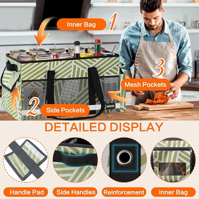Upgrade Extra Large Utility Tote Bag with Reflective Strip, Standing Reusable Grocery Bags with Hard Bottom, Collapsible Utility Tote with Handles for Shopping, Beach, Picnics, Car, Twill Green