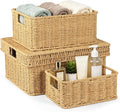 Wicker Storage Basket with Lid - Woven Basket for Storage,Rectangular Decorative Boxes Bins with Lids for Shelves,living room, Nursery, 3 baskets+1 lids(Natural)