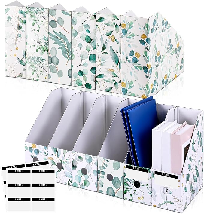 PerKoop 12 Pcs Decorative Magazine File Holders Floral Foldable File Folders Magazine Storage Boxes Rack Desk Organizer Documents with Printable Labels for School Office Home (Eucalyptus Leaves)