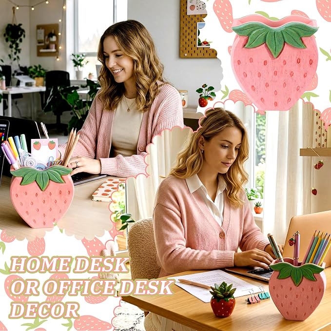 Mifoci Strawberry Pencil Holder Cute Pen Holder for Desk Organizer Wooden Pencil Cup Pink Berry Aesthetic Makeup Brush Storage, Back to School and End of Year Gift