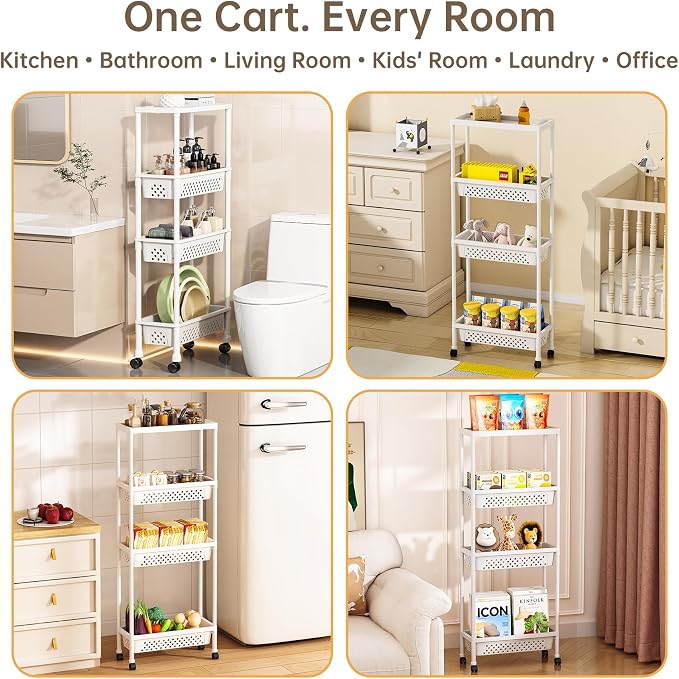 Slim 4 Tier Rolling Storage Cart Narrow Bathroom Organizer on Wheels White | 6.7" wide for tight bathroom/kitchen gaps, extra-tall tier, 360° casters, quick-dry shelves, tool-free storage rack