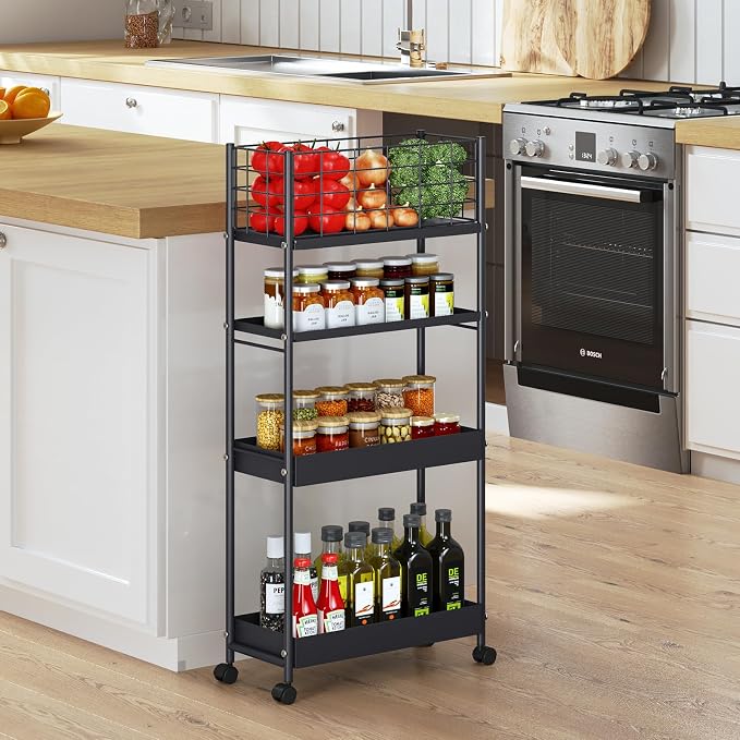 KINGRACK Slim Rolling Storage Cart 4 Tier - Heavy Duty Metal Utility Cart with Raised Edge & Wheels, Narrow Mobile Organizer Shelves for Bathroom, Kitchen, Laundry, Office, Living Room, Black