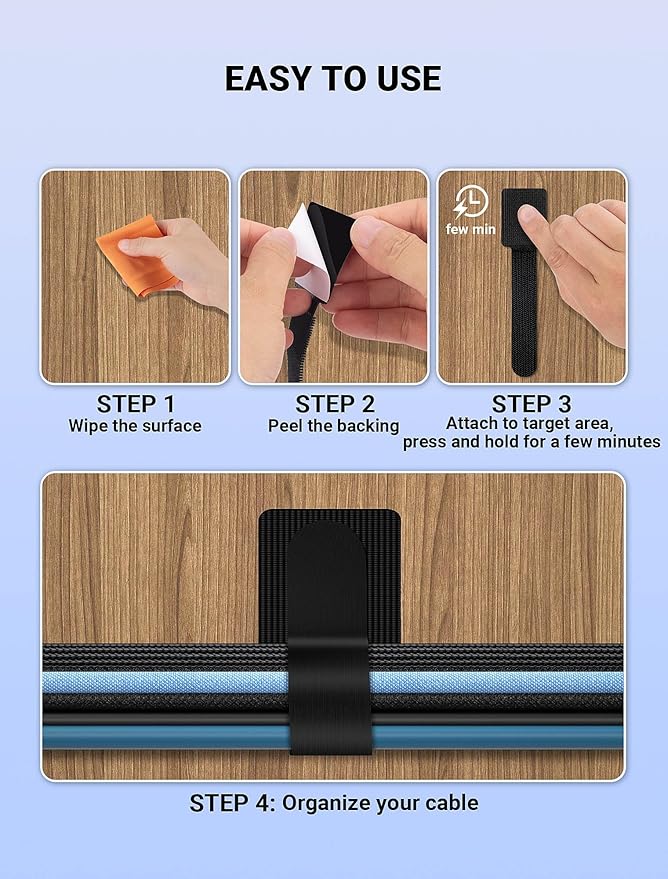 Extended Hook and Loop Cable Ties, Heavy-Duty Self-Adhesive Cable Straps, Cable Management Under Desk Cord Organizer, Adjustable Wire Organizers Cable Clips for Household & Office Essentials, 50PCS