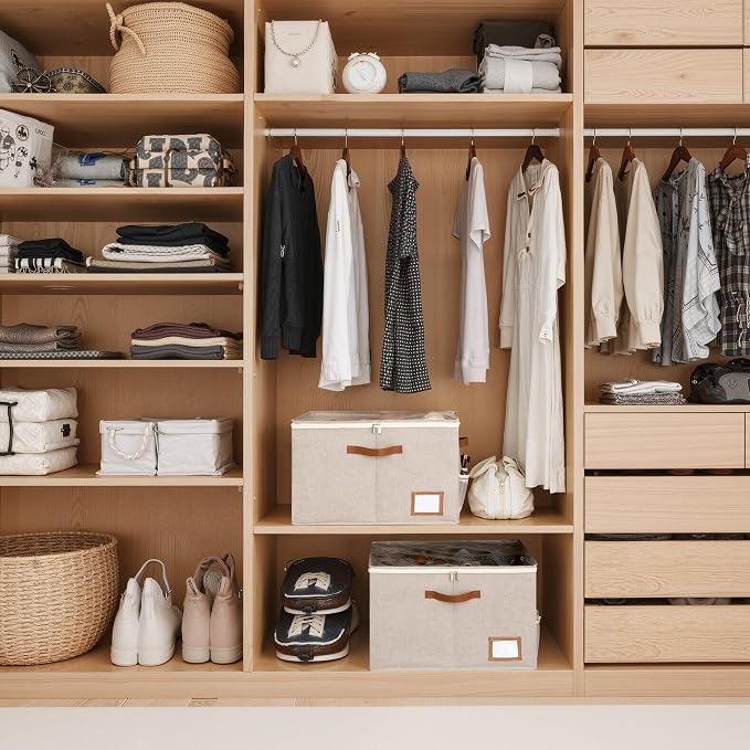StorageWorks 2-Pack Closet Shoe Storage Organizer, Up to 32 Pairs, Brown | Fixed Compartments, Clear Lid & Label Window, Side Mesh Pocket for Accessories, Soft Handles, Fits Flats, Sandals & Low-Tops