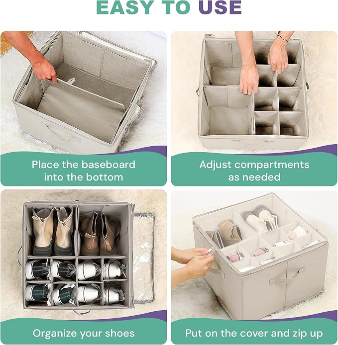 Shoe Organizer for Closet, 16 Compartment Foldable Storage Box with Lids | Milentii 2-Pack Foldable Shoe Organizer with Box Bin, Adjustable Dividers & Clear Cover Closet Storage Fit 16-32 Pairs, White