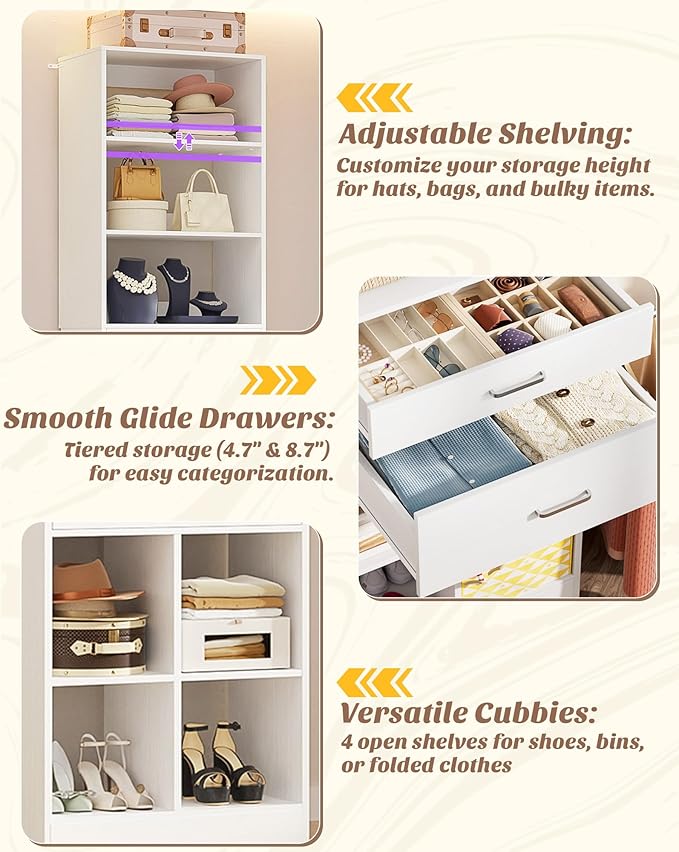 Besiost 18.9" Small Closet System with Drawers, Walk-in Closet Organizer | Small Closet Organizer for Walk in Closet, Bedroom & Nursery, Wardrobe Storage Unit, Enclosed Storage Volume 2.32 ft³, White