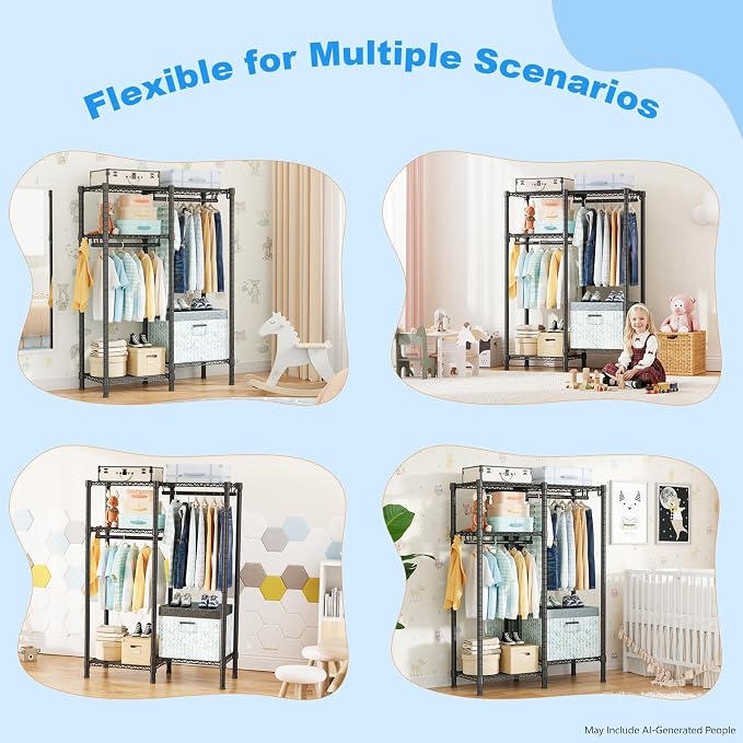 Ulif F1 Garment Rack for Kids, Baby, Students, and Children's Room, 4 Tiers Freestanding and Portable Heavy Duty Closets, Small Metal Clothes Rack with 2 Hanging Rod, 31.2" W x 11.8" D x 48" H, Black
