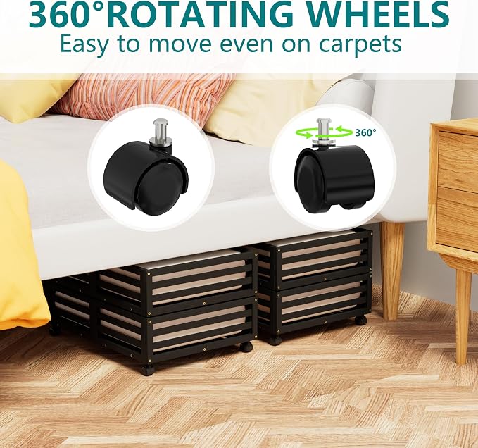 Wisuce 2 Packs Bamboo Under Bed Storage Organizer with Wheels Black Small | 360° Lockable Wheels,120lbs Load Capacity, Multi-scene ,Dustproof Clear Storage Bag, Large Capacity,Easy Quick Assembly