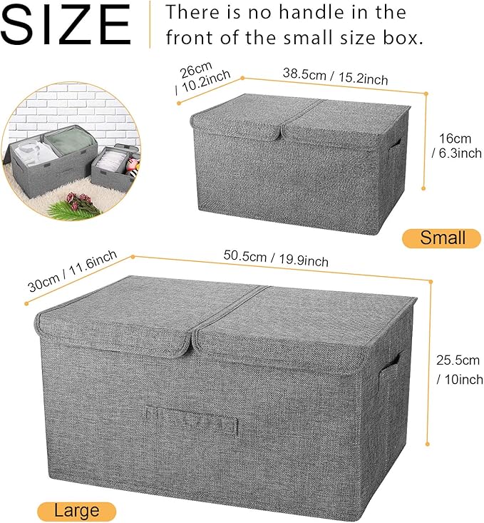 2 Pack Storage Boxes with Lids and Handles, Collapsible Linen Storage Bins Organizer Containers Baskets Cube with Removable Divider for Home Bedroom Closet Office (Coffee, Small)