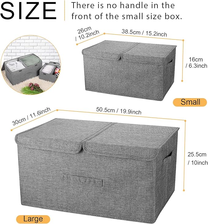 2 Pack Large Storage Boxes with Lids and Handles, Collapsible Linen Storage Bins Organizer Containers Baskets Cube with Removable Divider for Home Bedroom Closet Office (Khaki, Large)