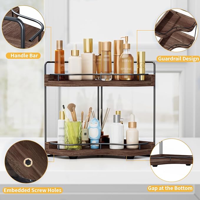 2-Tier Corner Bathroom Counter Organizer for Storage, Dark Brown | Solid Wood, Larger Size, Embedded Screw Holes, sink and Vanity Countertop Organizer for Perfume, Skincare & Makeup Storage