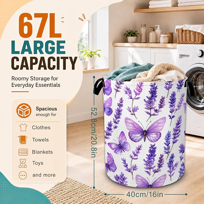 Lavender Laundry Basket with Handles,Purple Butterfly Foldable Oxford Laundry Hamper,Collapsible Clothes Storage Basket for Laundry Room/Bathroom/Bedroom/Dormitories 20.8 x 16 Inches