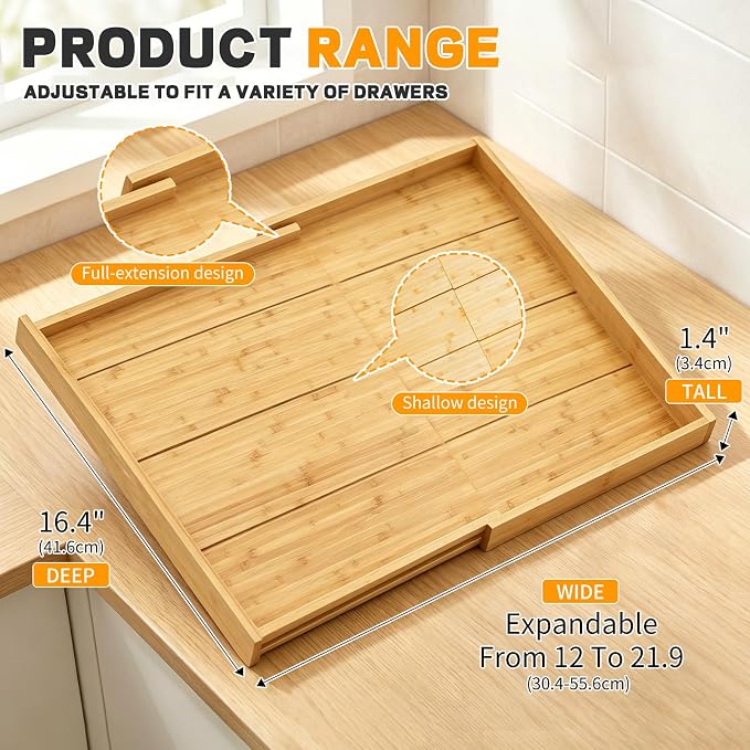 Bamboo Spice Drawer Organizer Expandable(Fits 2.6” Deep Drawers), 4-Tier Spice Rack Drawer Insert for Kitchen Cabinets(12" - 21.9" Width), Adjustable Seasoning Storage Insert (Jars Not Included)