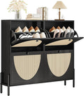 IRONCK Rattan Shoe Cabinet Storage with 4 Flip Drawers, Freestanding Shoe Storage Organizer Cabinet for Entryway, Narrow Shoe Rack Cabinet, Matte Black