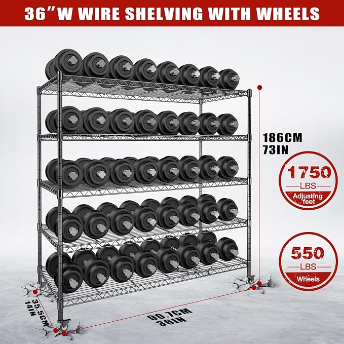 AIRAJ 36”W Storage Shelves with Wheels | 5 Tier Wire Shelving | 1750 LBS Metal Shelving Adjustable Layer Height | Garage Shelving Units and Storage | Rolling Wire Rack | 36”W×14”D×73”H