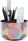 Round Leather Art Supply Organizer,Remote Control Holder,360 Degree Rotating,Multi-Functional Pencil Holder,4 Compartments Desktop Stationary Organizer(1-Colorful Flower)