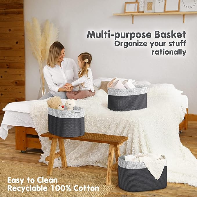 CHAT BLANC Cotton Rope Baskets for Organizing I Storage Baskets for Shelves | Rope Basket for Storage, Small Laundry Baskets, Woven Baskets for Storage, Dog Toy Bin, Baby Basket, Gray & Graphite 3Pack