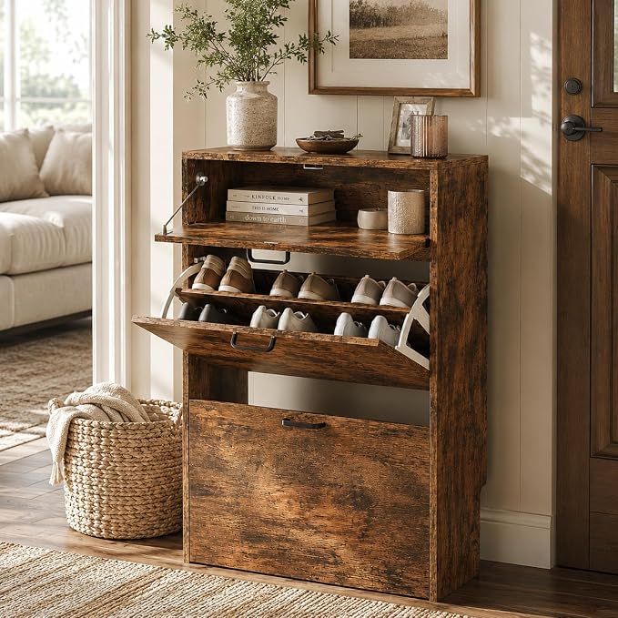 VINGLI Set of 2 Distressed Wood Shoe Cabinet for Entryway, 2-Pack Ultra Slim Shoe Organizer with 2 Flip & 1 Drop-Down Drawers, 24.8" W Narrow Shoe Cabinet, Rustic Brown Wood Shoes Rack for Hallway