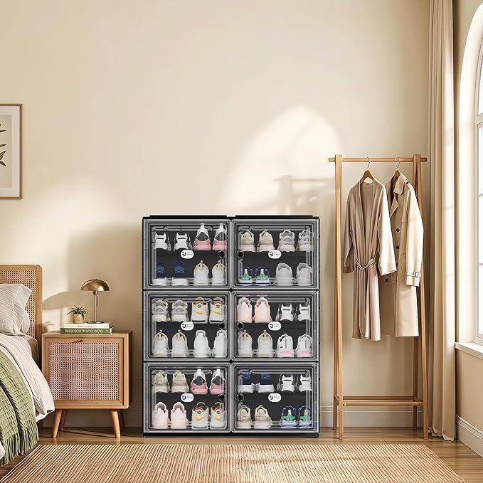 Foldable Shoe Cabinet with Magnetic Clear Doors, Wide Design Shoe Rack for Entryway, Portable Shoe Organizer Meeting Diverse Storage Needs (Black, 2Row 6Tier)