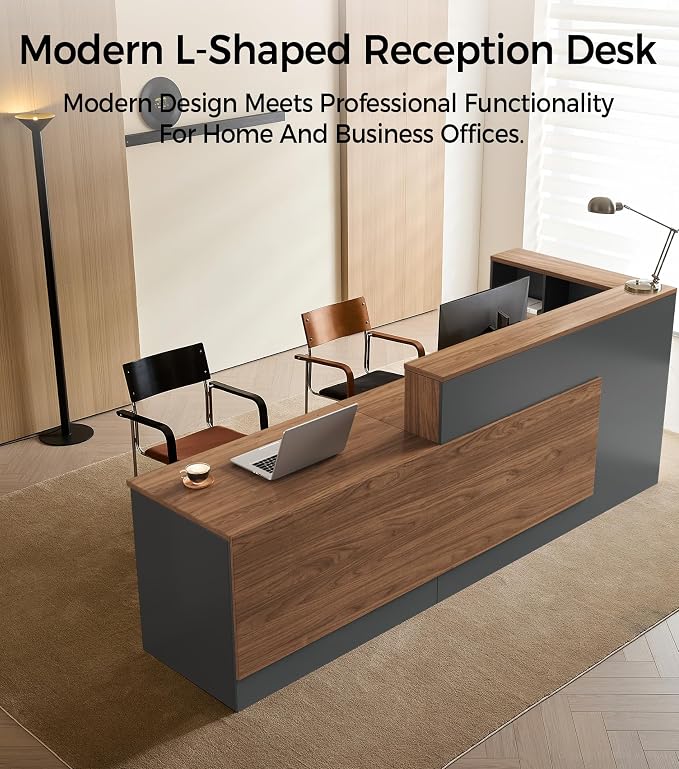 Modern L-Shaped Reception Desk with Counter - 87 inch Front Desk with Storage Cabinet, Open Shelves, Lockable Drawer & Keyboard Tray for Office, Lobby, Checkout (Red Walnut & Iron Gray - Left)