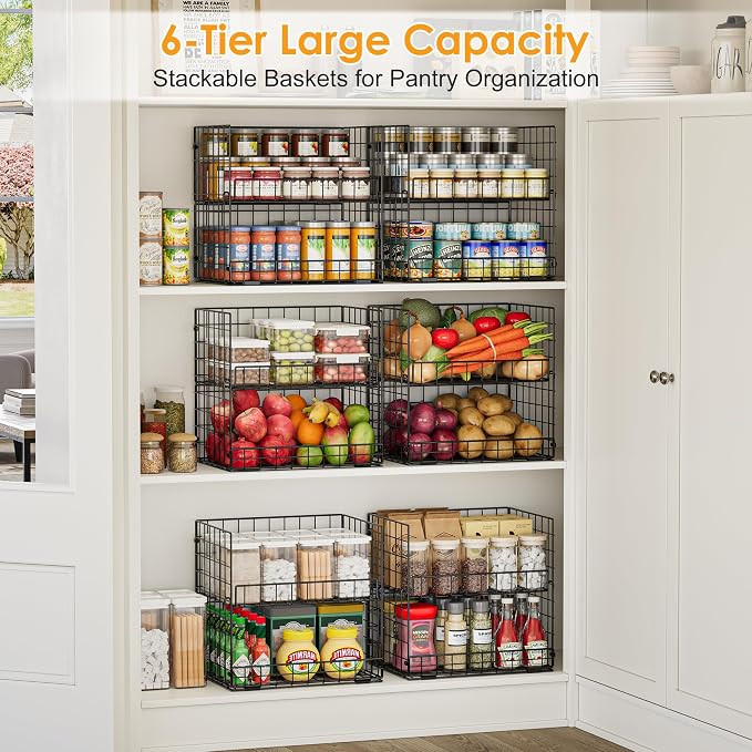 JKsmart 6-Tier XXL Stackable Wire Basket, Snack Organizer for Countertop | Pantry Organizers and Storage with Dividers & Handles, Can Organizer Space Saving Storage Bins for Snacks Fruits Veggies