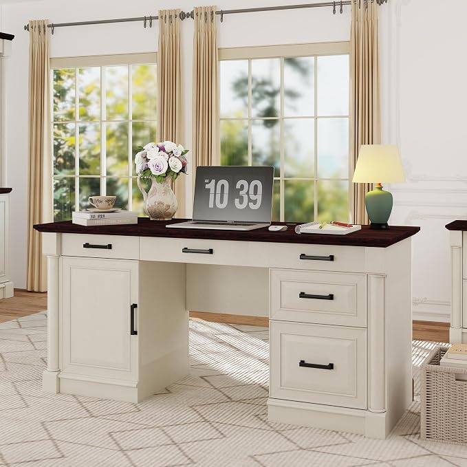 blini Large Farmhouse Executive Desk with Drawers，Wood Computer Desk，Embossed Texture Home Office Desk with File Cabinet Storage, Cable Management, Keyboard Tray，Working Table for Work Study Writing